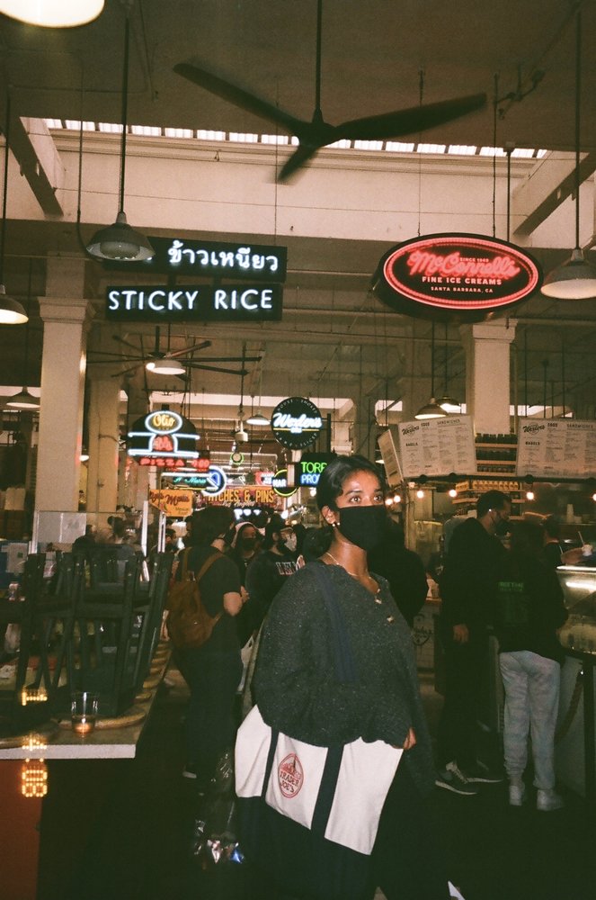 Neon signs inside Grand Central Market