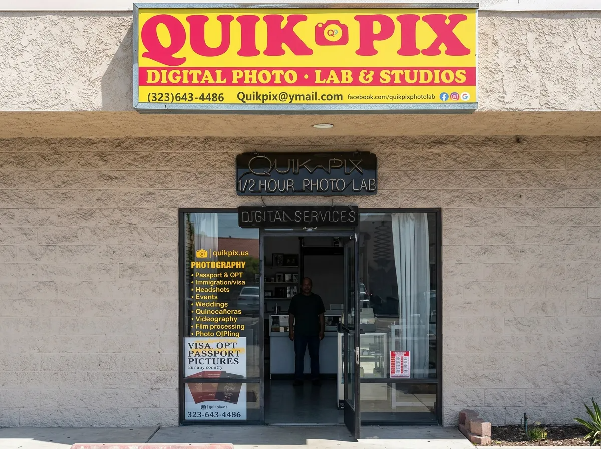 The Quik-Pix storefront at Olympic Park Plaza — yellow QUIK PIX sign and open door